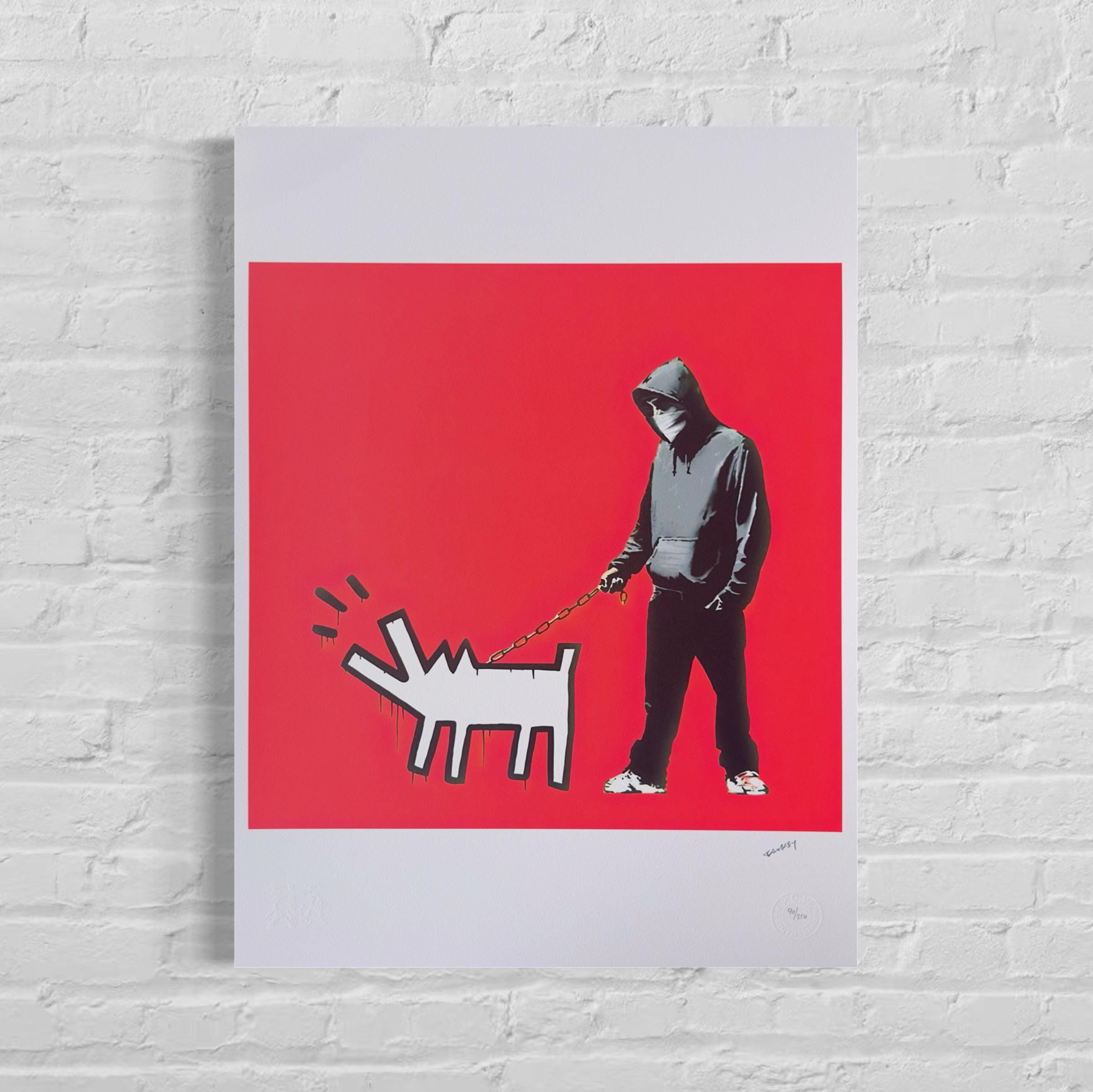 Genummerde editie BANKSY Barking dog (rood) Gesigneerd - certificaat - Wall Art, Grafitti Art, Lithograph, Stencil Art